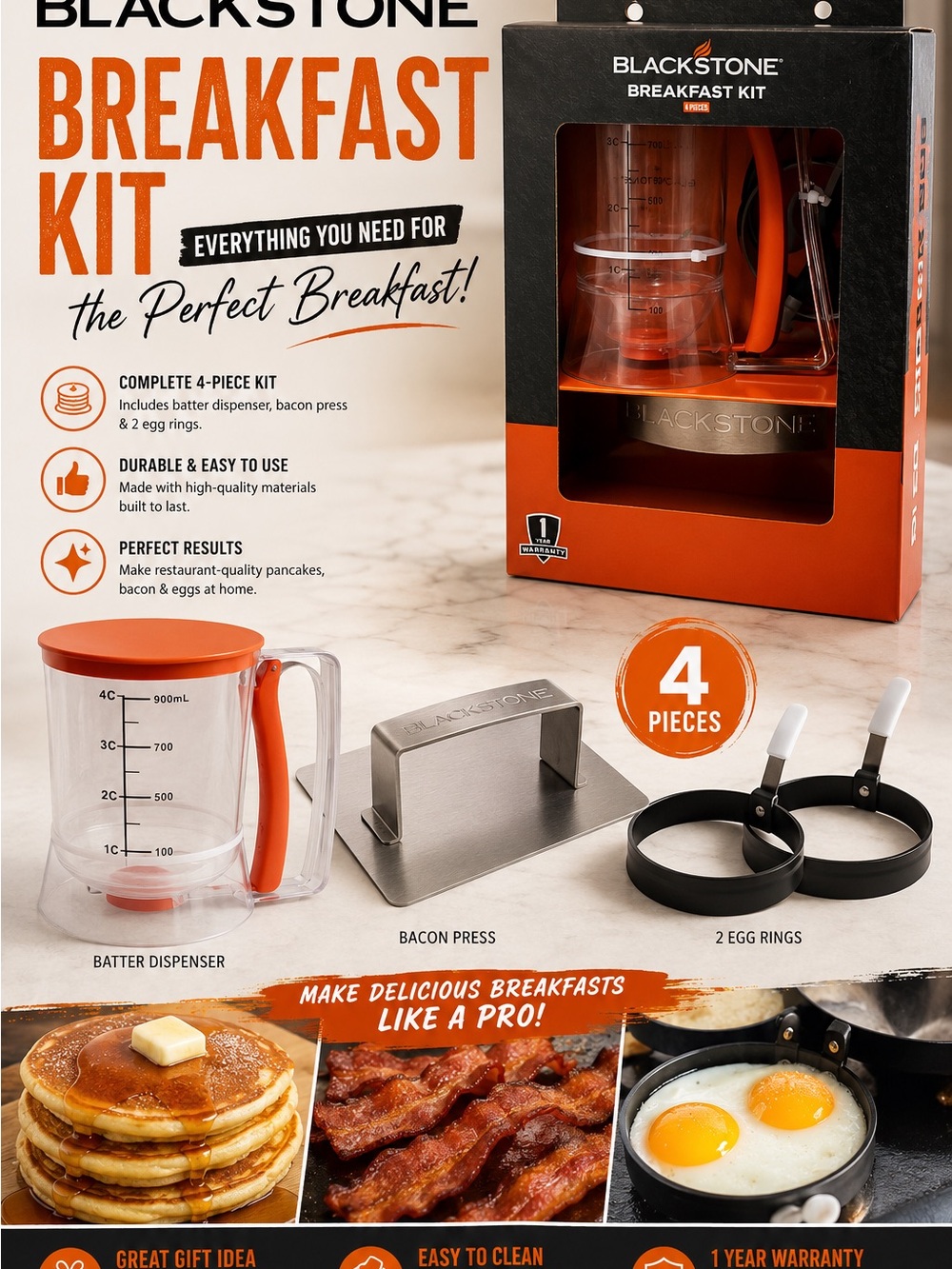 Blackstone Orange 4-Piece Breakfast Kit with Silver Bacon Press